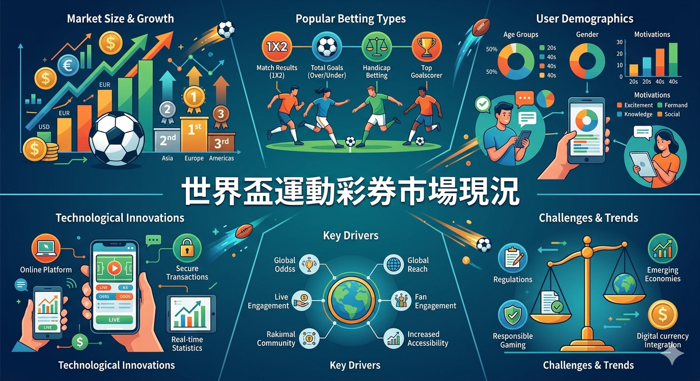 這是一張展示世界盃運動彩券市場現況的資訊圖表,透過多個區塊分析了市場規模、熱門投注類型、使用者數據、技術創新及市場趨勢。 圖表中心明確標示了「世界盃運動彩券市場現況」作為主題,並以視覺化的圖表與圖示整合了全球市場的關鍵驅動力與面臨的挑戰。