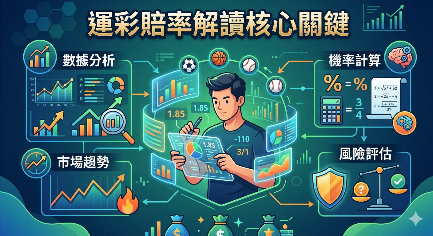 這張圖片展示了一位分析師正在研究運動彩券賠率,周圍環繞著數據分析圖表與機率計算圖示。 畫面以「運彩賠率解讀核心關鍵」為標題,呈現了結合數據分析、市場趨勢與風險評估的專業視覺風格。