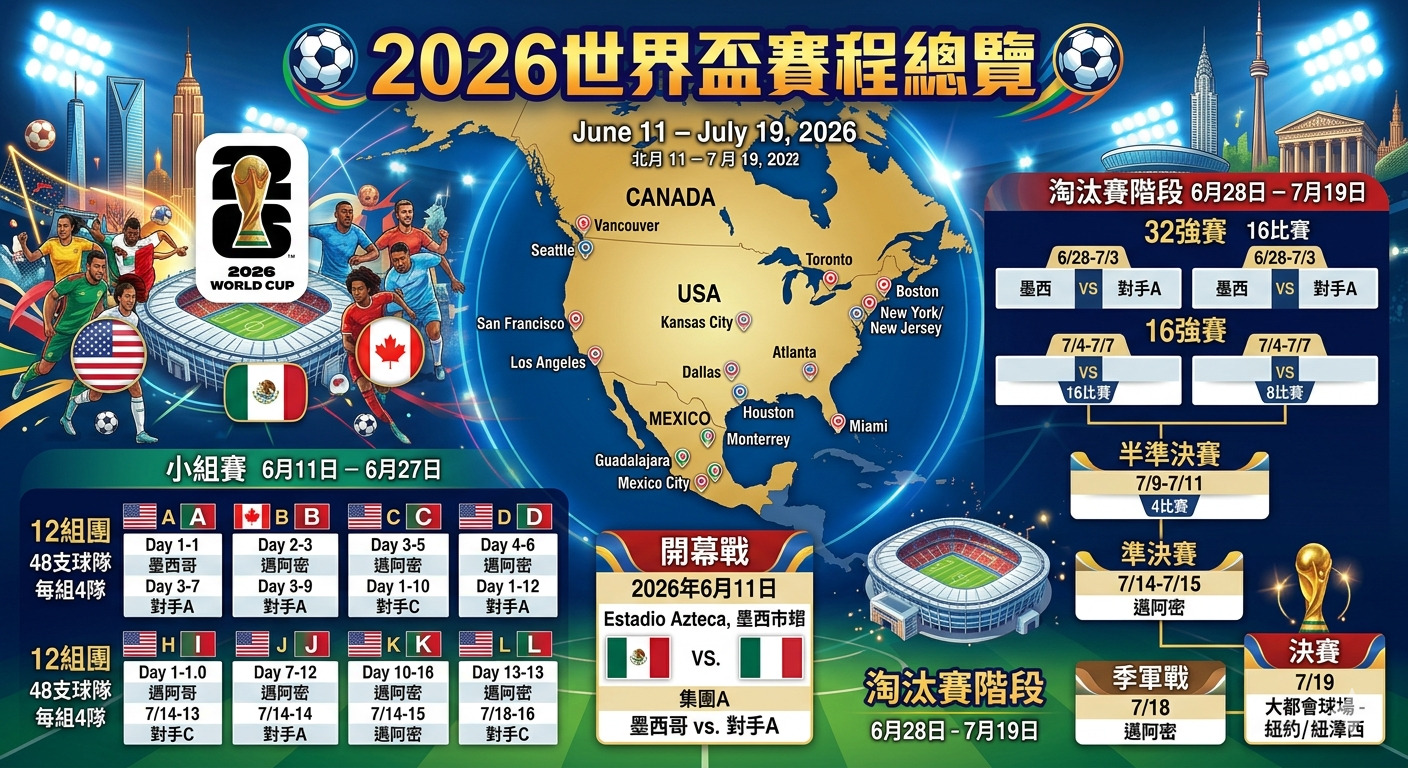 這張圖片展示了2026年世界盃足球賽的賽程總覽,包含主辦國地圖、各階段比賽日期及分組賽程資訊。 透過整體的視覺設計,詳細呈現了從開幕戰到決賽的賽程架構與地點分布。