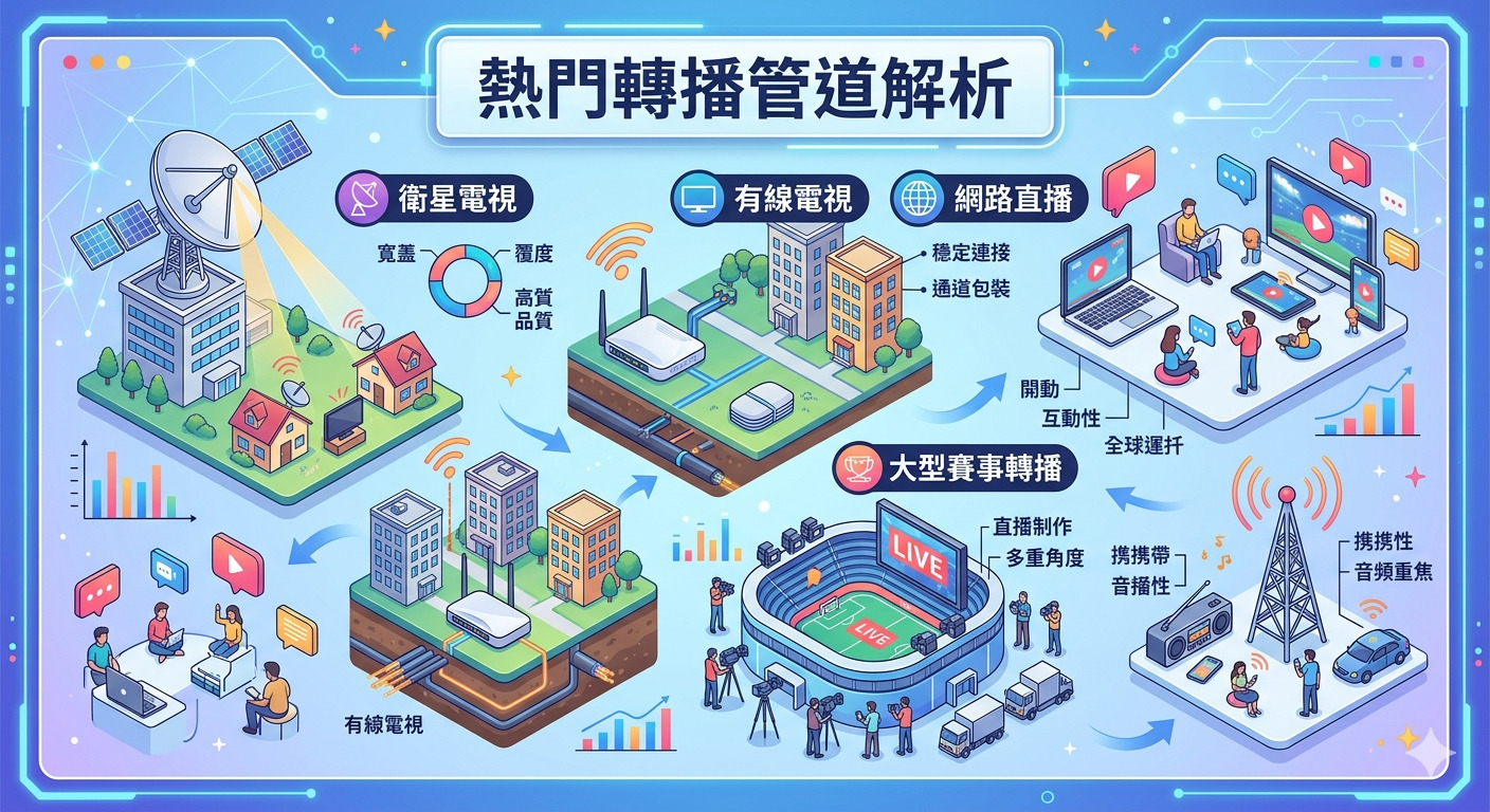 這張圖像以「熱門轉播管道解析」為題,透過等距視角展示了衛星電視、有線電視、網路直播及大型賽事轉播的技術運作與應用場景。 畫面整合了數據圖表與各類傳播媒介的互動演示,旨在呈現現代媒體技術如何實現全球覆蓋與即時互動。