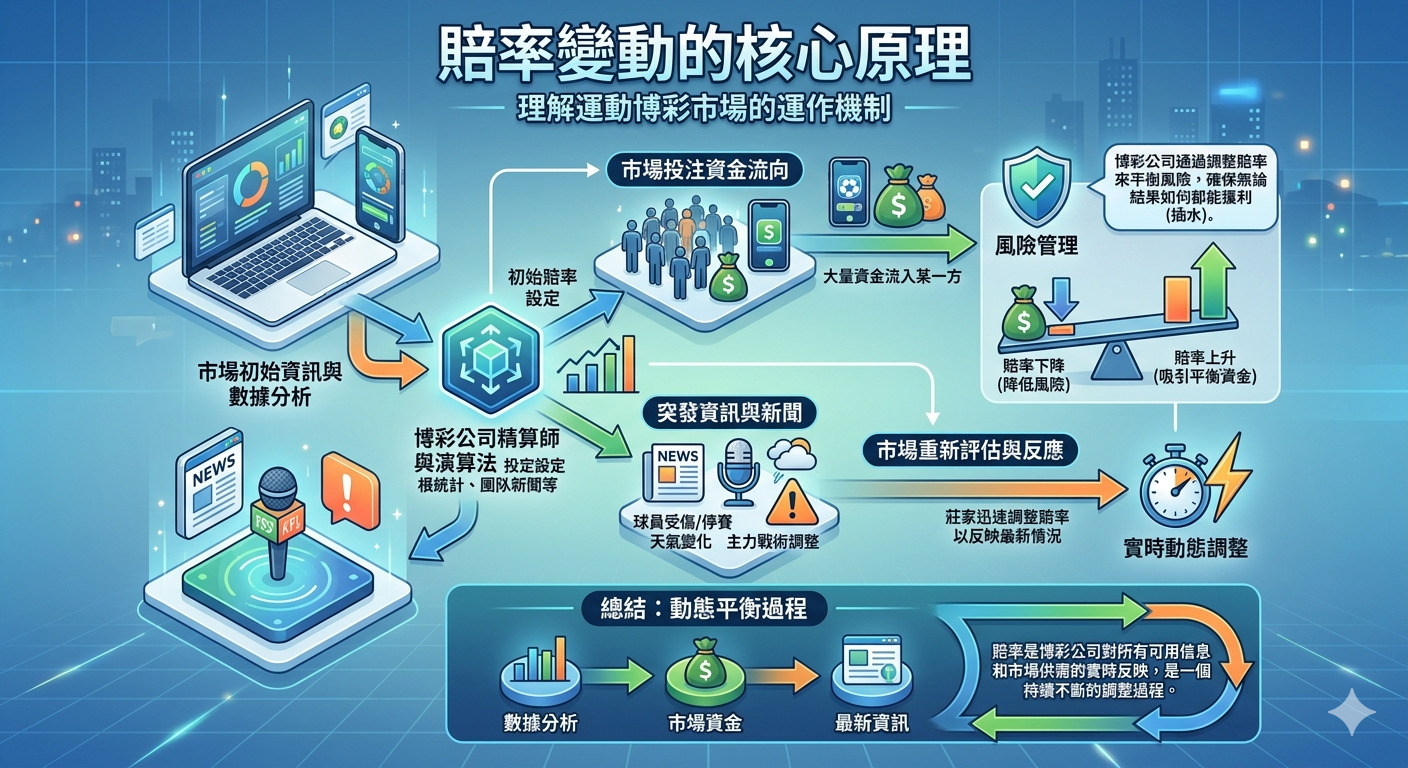 這張圖片名為「賠率變動的核心原理」,以圖表形式展示了博彩公司如何通過數據分析、市場資金流向與突發新聞來動態調整賠率。 透過風險管理與即時評估,博彩公司確保在平衡資金的過程中,能對市場供需做出持續的反應。