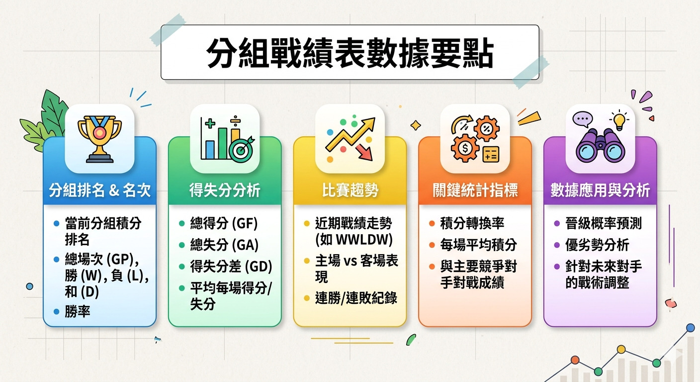這張圖片為「分組戰績表數據要點」的資訊圖表,列出了分組排名、得失分分析、比賽趨勢、關鍵統計指標及數據應用與分析五大項目。 透過五個色彩分明的區塊詳細說明評估戰績所需的各項關鍵統計數據,協助使用者進行深入的賽事分析與決策。