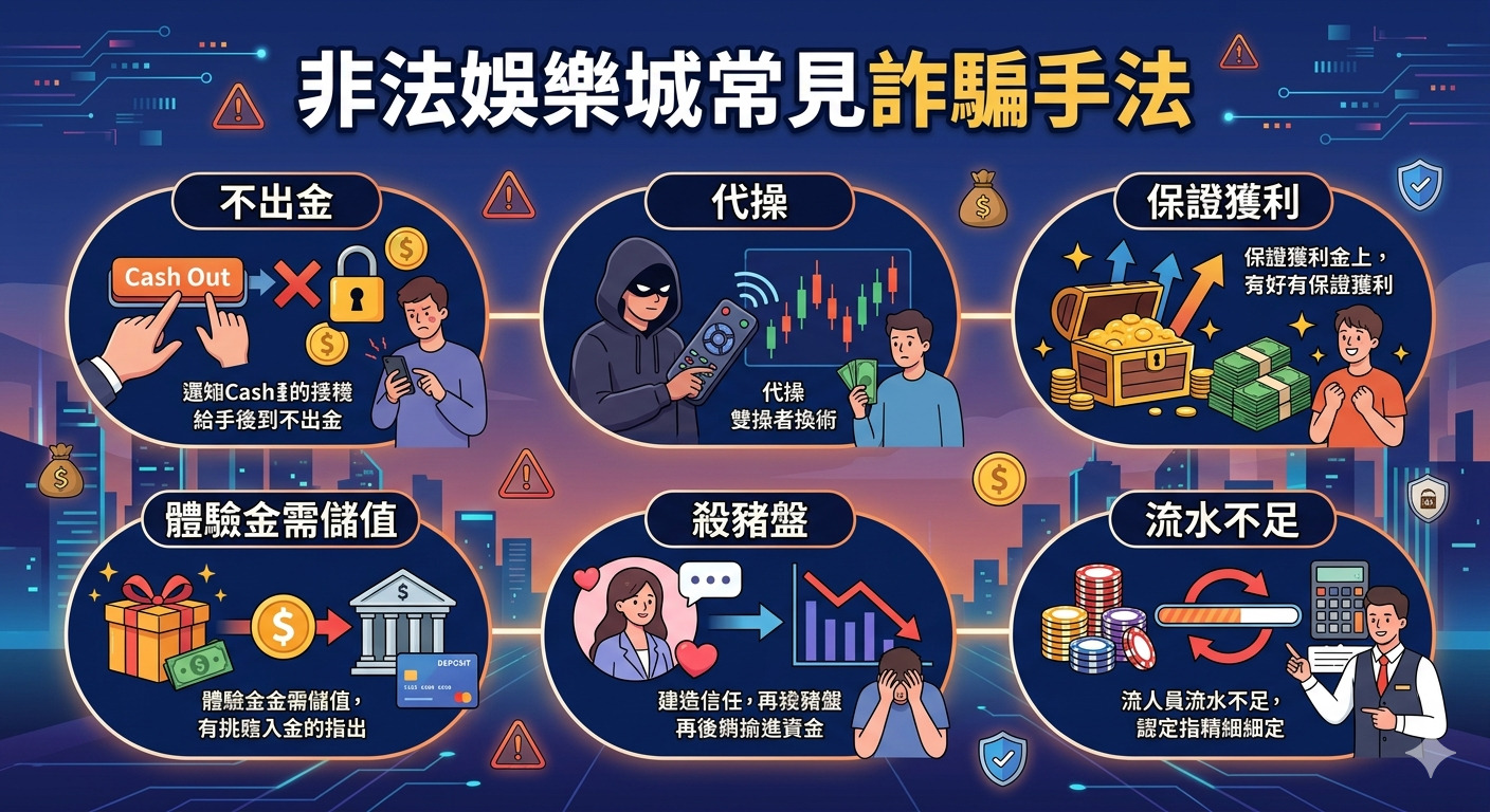 這張圖片以資訊圖表呈現非法娛樂城的常見詐騙手法,標題為「非法娛樂城常見詐騙手法」。 內容包含不出金、代操、保證獲利、體驗金需儲值、殺豬盤及流水不足等六大詐騙類型。