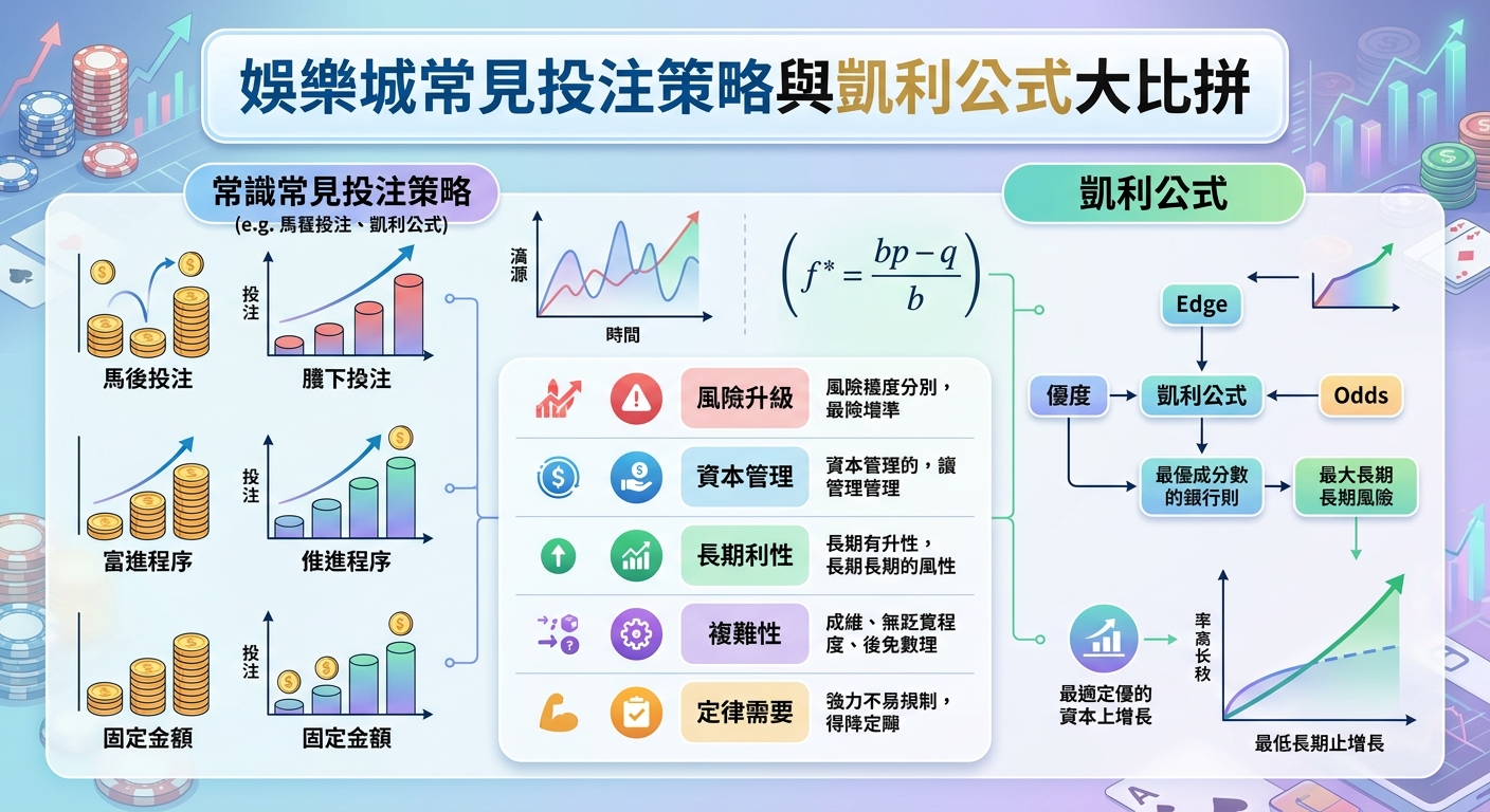 這張圖表比較了娛樂城常見的投注策略與凱利公式,左側列出多種策略,右側則介紹凱利公式的原理與最佳資本增長優勢。 畫面中央通過風險、資金管理與長期盈利等指標進行對比,並搭配數學公式、數據圖表與籌碼元素,以現代科技風格清晰呈現。