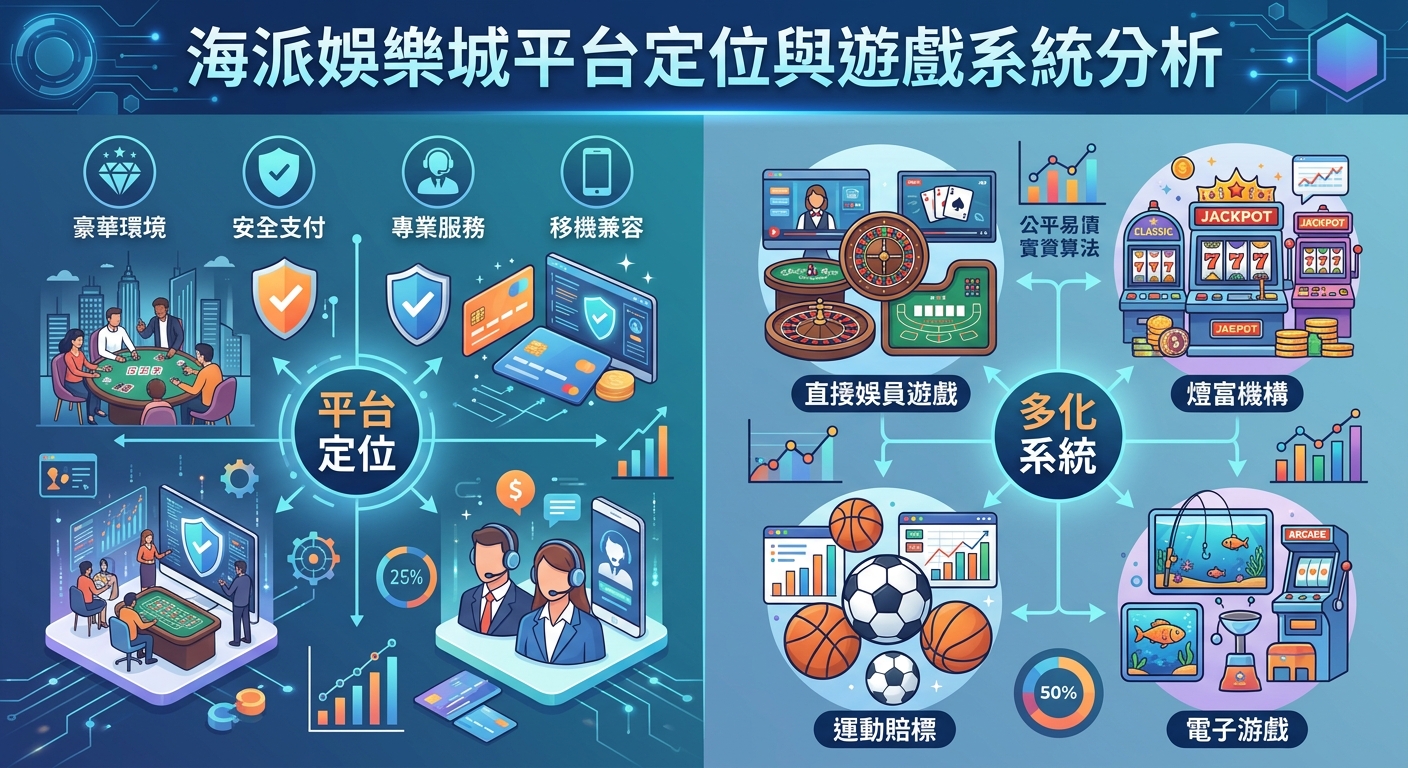這張圖表採用藍綠色調的科技風格,左側以圖示展示海派娛樂城在服務、安全與兼容性方面的「平台定位」。 右側則連結視訊真人、老虎機、體育博彩及電子遊戲等多元模組,呈現完整的「遊戲系統分析」。
