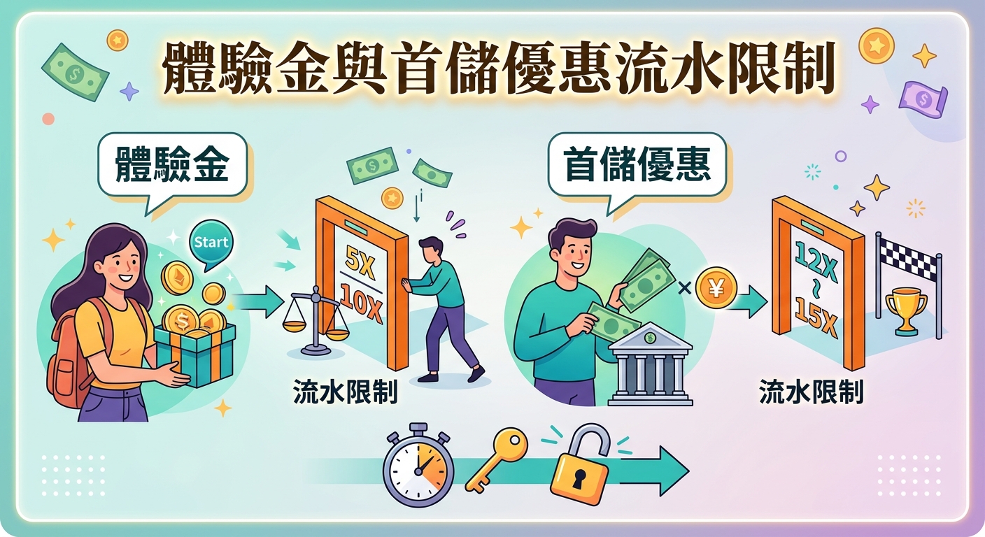 一張繁體中文的資訊圖表,主題為「體驗金與首儲優惠流水限制」。 畫面分為左右兩區,分別以插圖與門檻符號展示體驗金(5X-10X)與首儲優惠(12X-15X)的流水要求與提領條件。