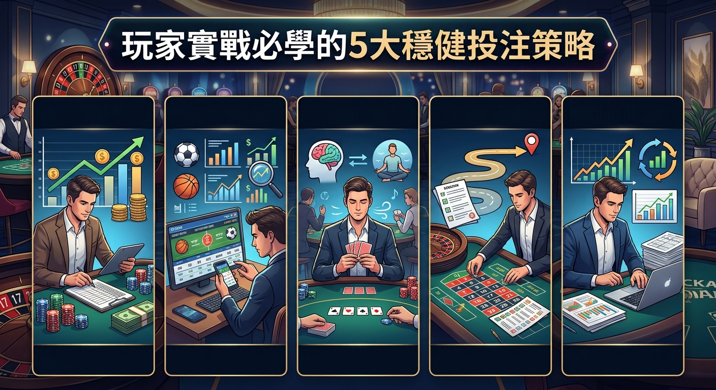 圖片展示了五個穩健投注策略的實戰場景，上方醒目地標示著「玩家實戰必學的5大穩健投注策略」標題。 畫面結合了數據圖表與專業博彩元素，突顯策略分析與實用性