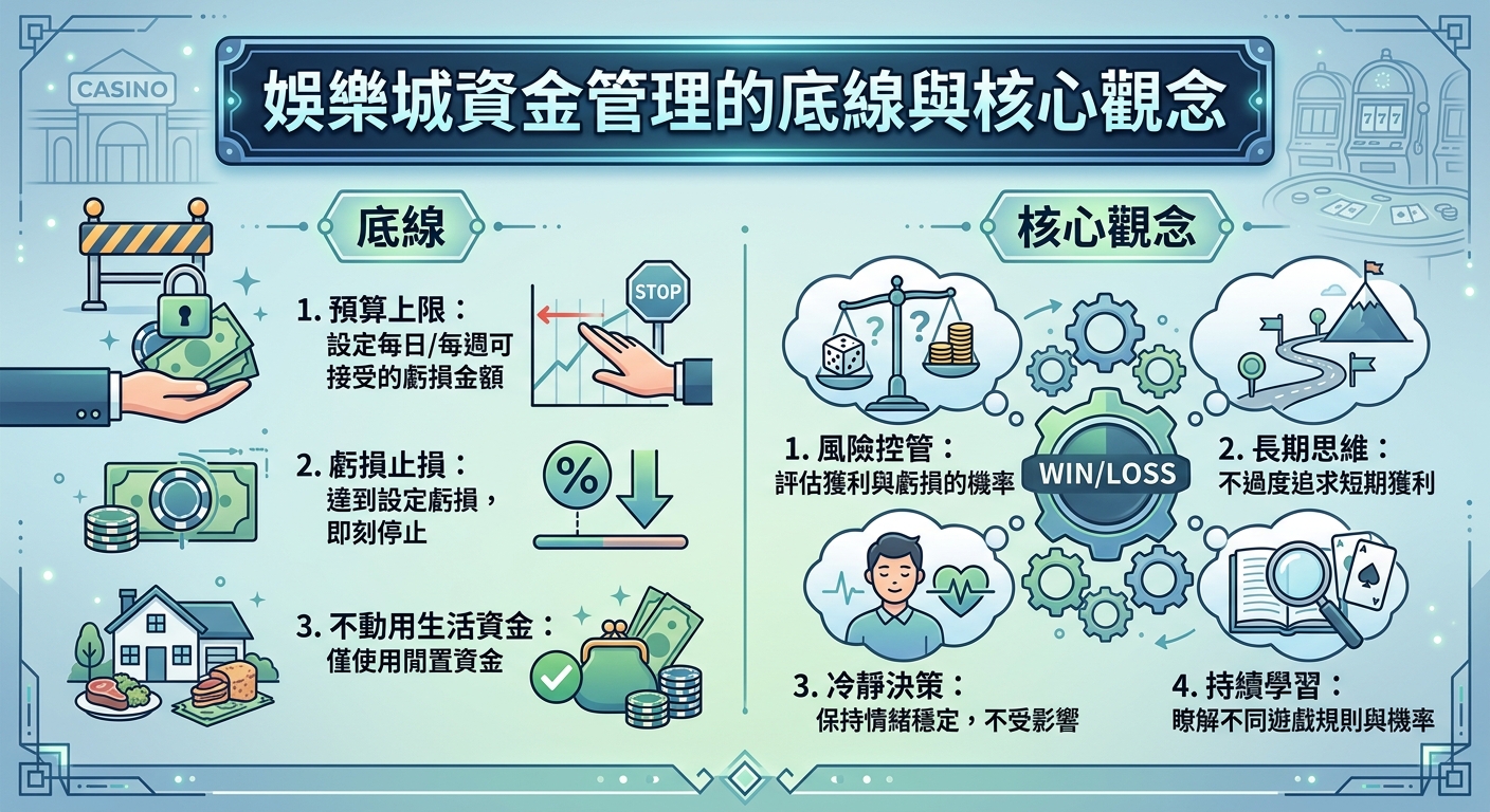 這張圖表以藍綠色為主調，詳細說明了娛樂城資金管理的兩大核心—「底線」與「核心觀念」。 內容透過圖示與簡潔文字，列出預算上限、停損機制、風險控管及冷靜決策等重點原則。